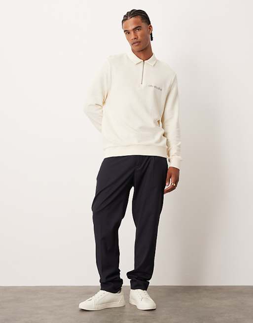 ASOS DESIGN Quarter Zip Sweatshirt With Collar And Chest Print In Ecru