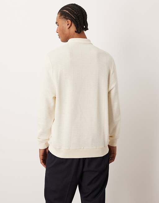 ASOS DESIGN Quarter Zip Sweatshirt With Collar And Chest Print In Ecru