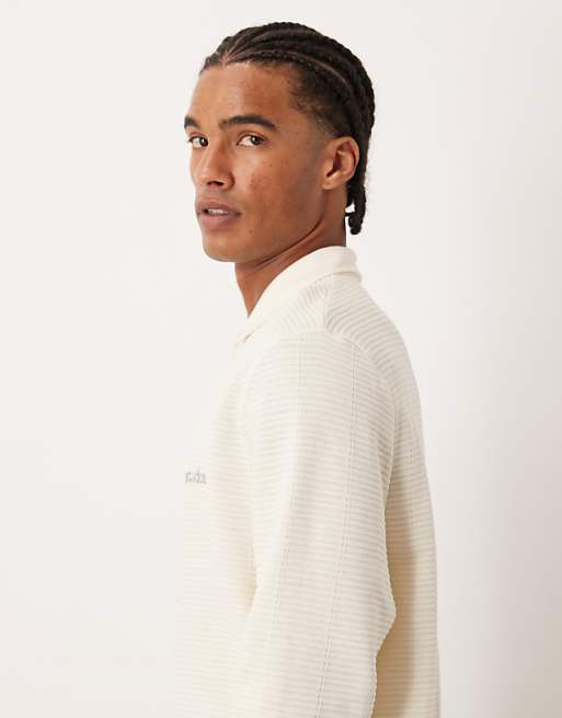 ASOS DESIGN Quarter Zip Sweatshirt With Collar And Chest Print In Ecru