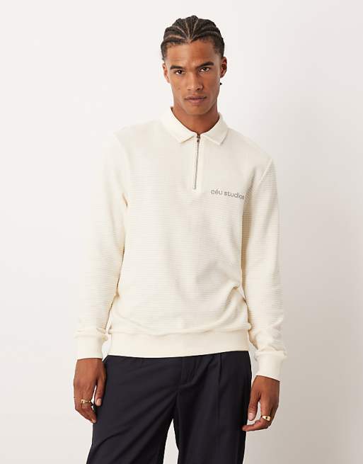 ASOS DESIGN quarter zip sweatshirt with collar and chest print in ecru