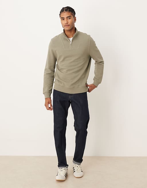 ASOS DESIGN Quarter Zip Sweatshirt With Ribbed Collar In Grey