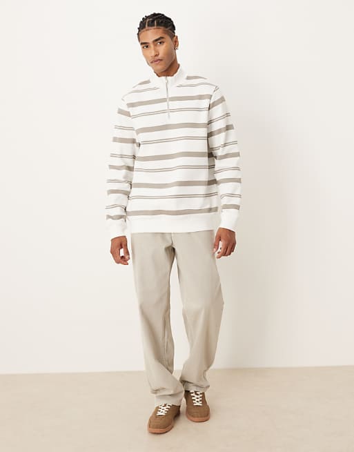 ASOS DESIGN Quarter Zip Sweatshirt With Stripes In Ecru