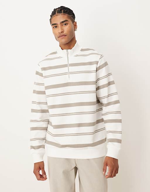 ASOS DESIGN quarter zip sweatshirt with stripes in ecru