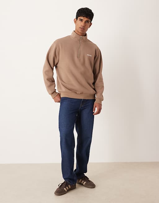 ASOS DESIGN Quarter Zip Sweatshirt With Text Chest Print In Brown