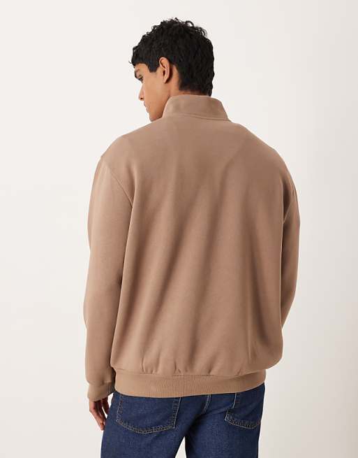 ASOS DESIGN Quarter Zip Sweatshirt With Text Chest Print In Brown