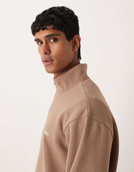 ASOS DESIGN Quarter Zip Sweatshirt With Text Chest Print In Brown