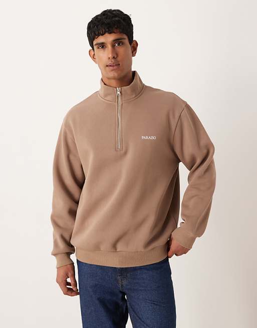 ASOS DESIGN quarter zip sweatshirt with text chest print in brown