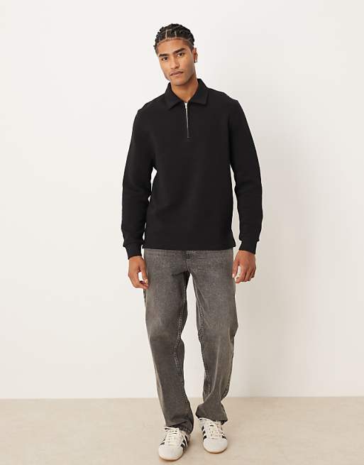 ASOS DESIGN Quarter Zip With Ribbed Collar In Black
