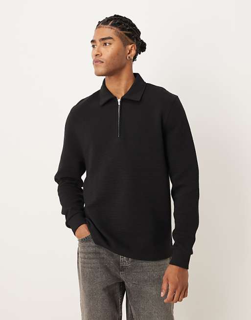 ASOS DESIGN quarter zip with ribbed collar in black