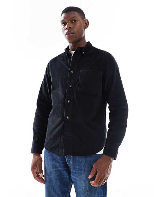 ASOS DESIGN regular cord shirt in black