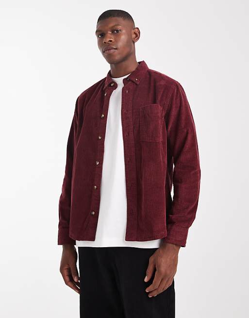 ASOS DESIGN regular cord shirt in burgundy