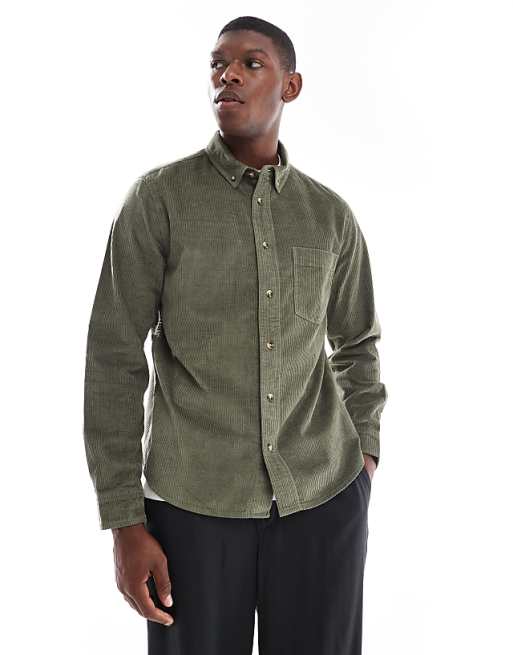 ASOS DESIGN regular cord shirt in dark green