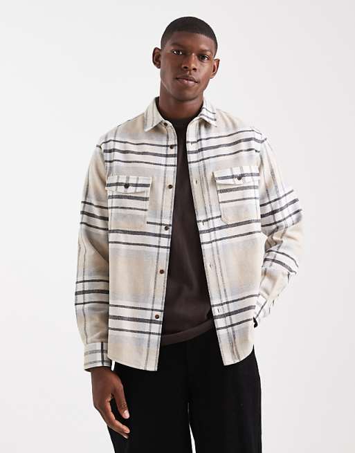 ASOS DESIGN regular fit check shirt in beige