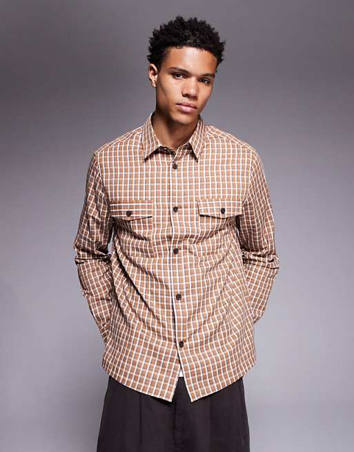 ASOS DESIGN regular fit check shirt in brown