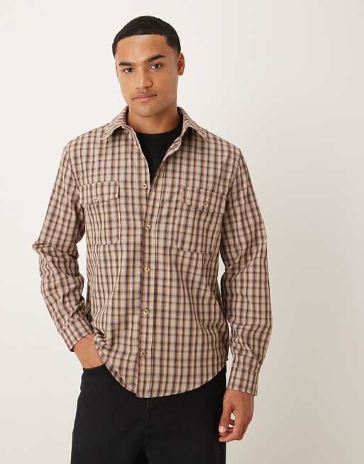 ASOS DESIGN regular fit check shirt in brown