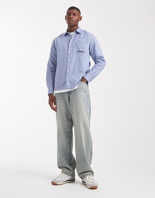 ASOS DESIGN Regular Fit Checked Shirt With Chest Embroidery In Blue