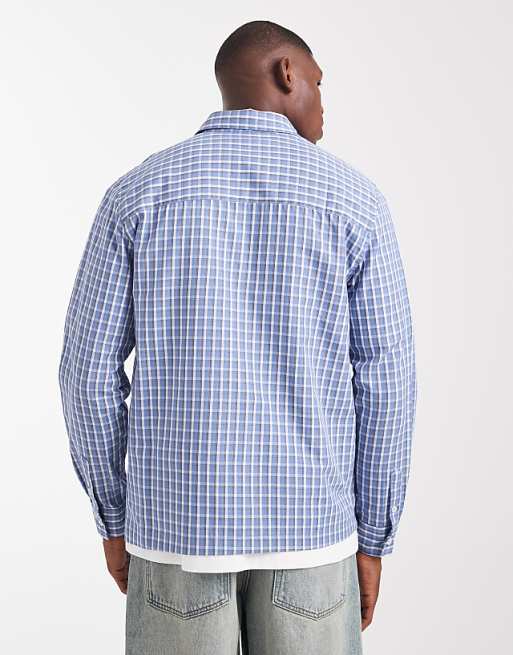 ASOS DESIGN Regular Fit Checked Shirt With Chest Embroidery In Blue