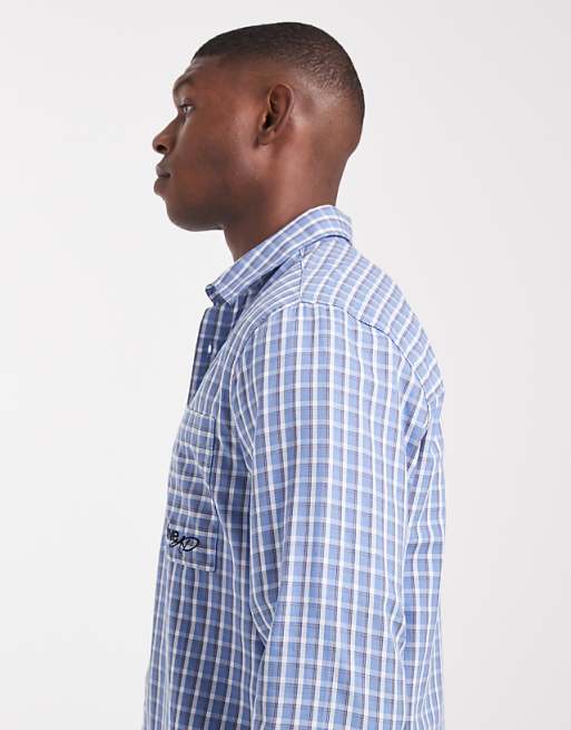 ASOS DESIGN Regular Fit Checked Shirt With Chest Embroidery In Blue