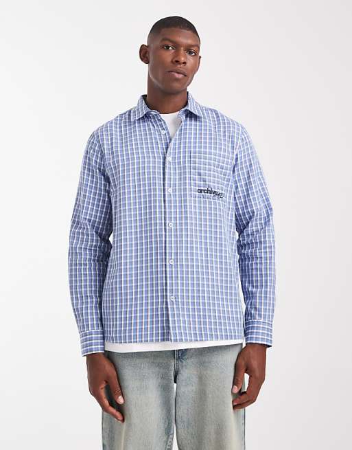 ASOS DESIGN regular fit checked shirt with chest embroidery in blue