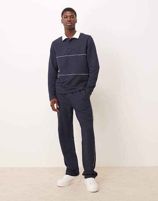 ASOS DESIGN Regular Fit Pique Rugby Polo With Piping In Navy