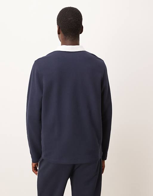 ASOS DESIGN Regular Fit Pique Rugby Polo With Piping In Navy