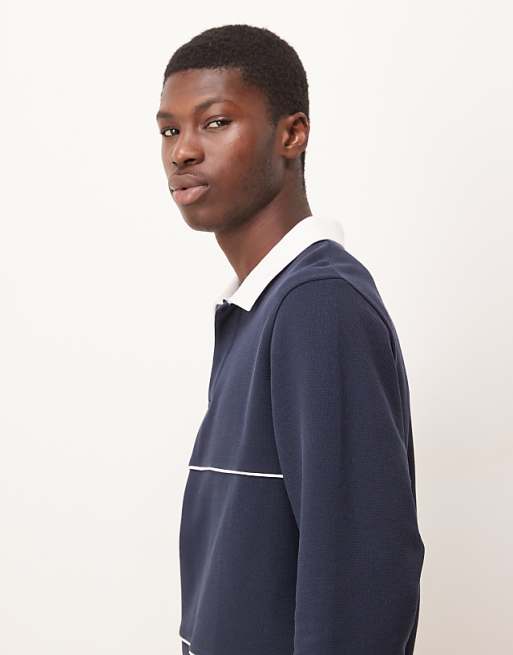 ASOS DESIGN Regular Fit Pique Rugby Polo With Piping In Navy