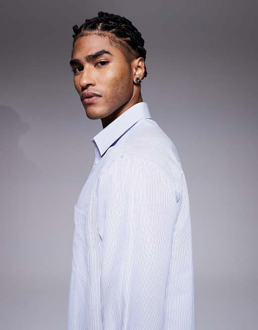 ASOS DESIGN Regular Fit Poplin Stripe Shirt In Blue