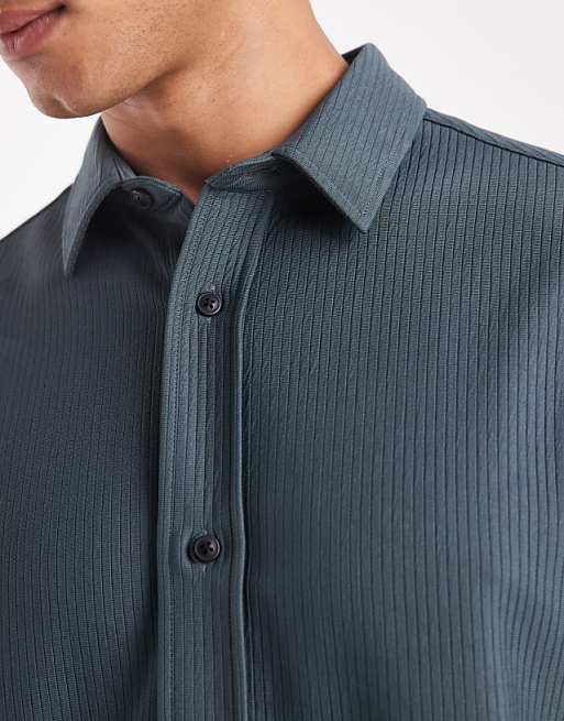 ASOS DESIGN Regular Fit Ribbed Shirt In Steel Blue