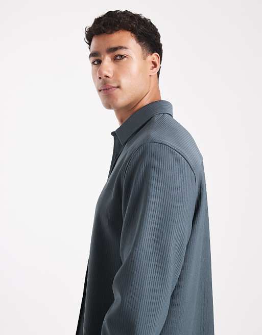 ASOS DESIGN Regular Fit Ribbed Shirt In Steel Blue