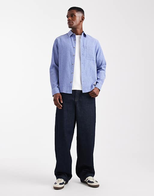 ASOS DESIGN Regular Fit Seersucker Shirt In Blue