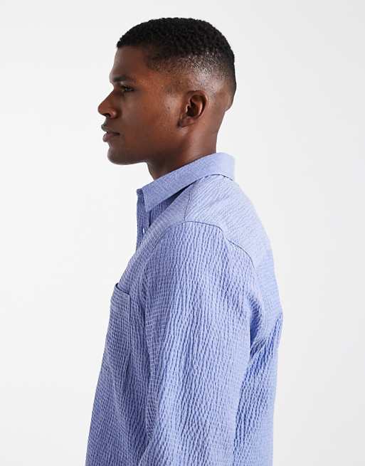 ASOS DESIGN Regular Fit Seersucker Shirt In Blue