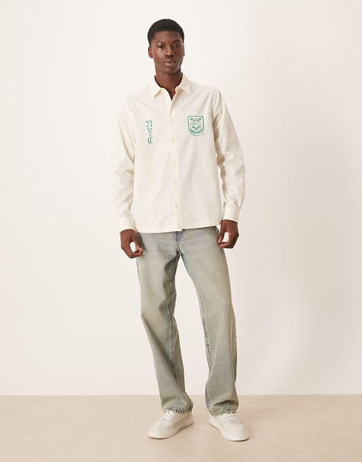ASOS DESIGN Regular Fit Shirt With Chest Embroidery In Stone