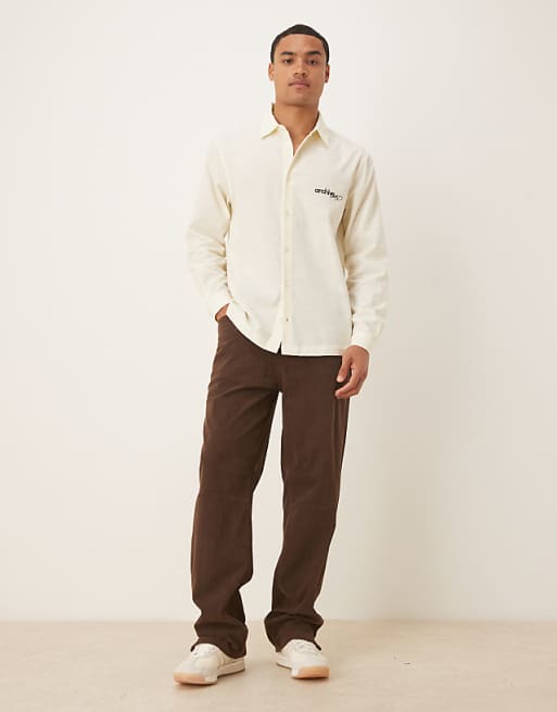 ASOS DESIGN Regular Fit Shirt With Chest Embroidery In Beige