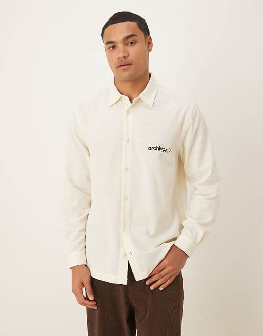 ASOS DESIGN regular fit shirt with chest embroidery in beige
