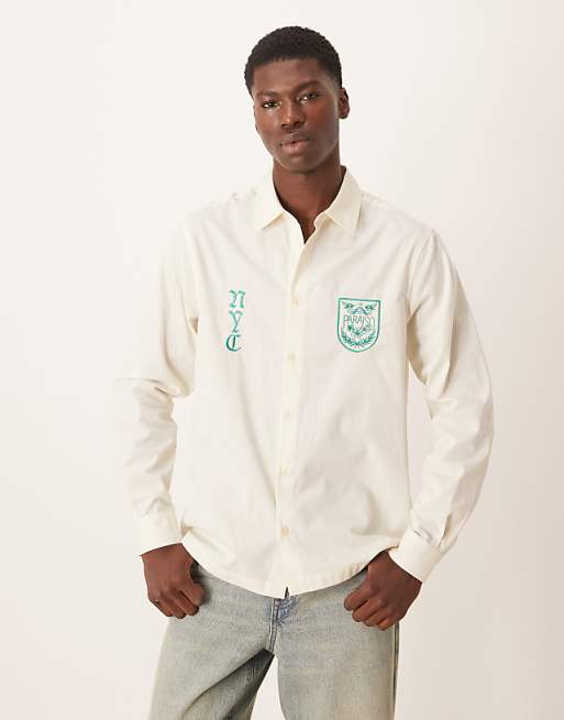 ASOS DESIGN regular fit shirt with chest embroidery in stone