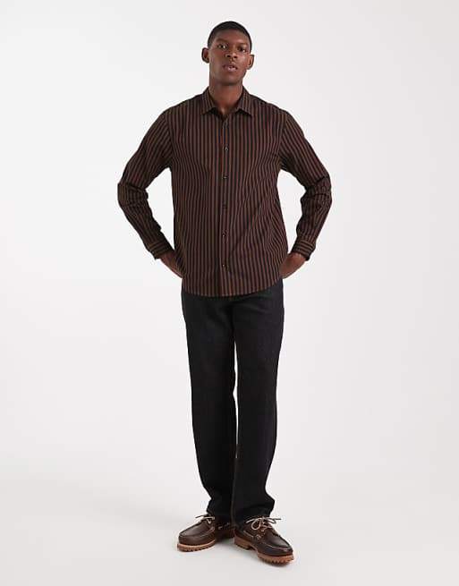 ASOS DESIGN Regular Fit Stripe Shirt In Brown