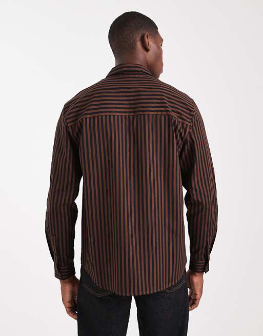 ASOS DESIGN Regular Fit Stripe Shirt In Brown