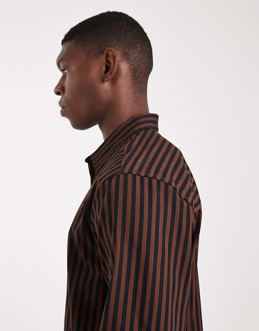 ASOS DESIGN Regular Fit Stripe Shirt In Brown