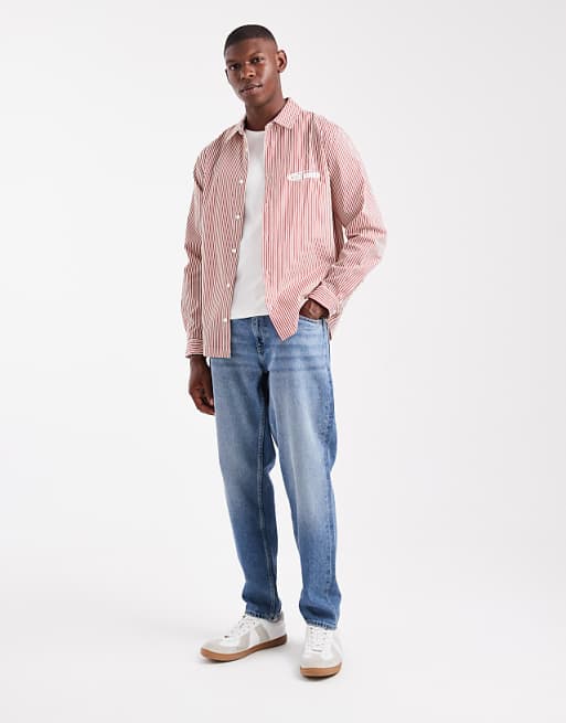 ASOS DESIGN Regular Fit Stripe Shirt With Chest Embroidery In Red