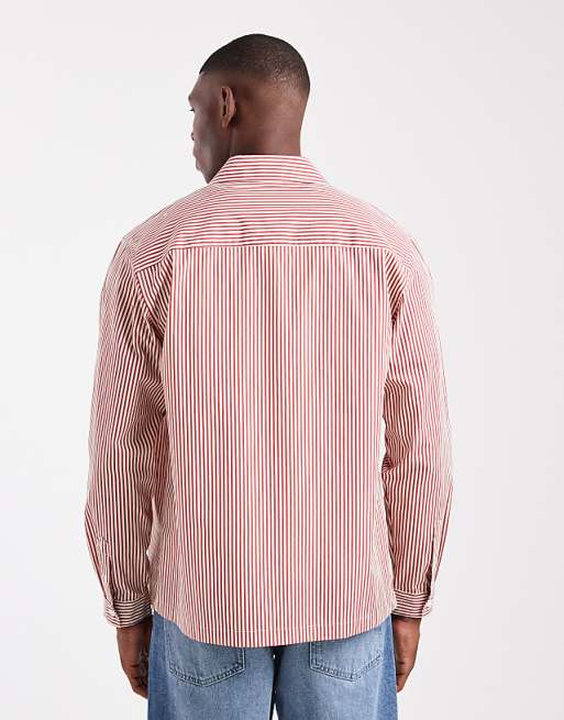 ASOS DESIGN Regular Fit Stripe Shirt With Chest Embroidery In Red