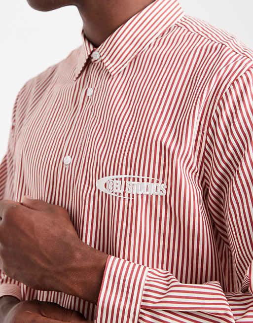 ASOS DESIGN Regular Fit Stripe Shirt With Chest Embroidery In Red