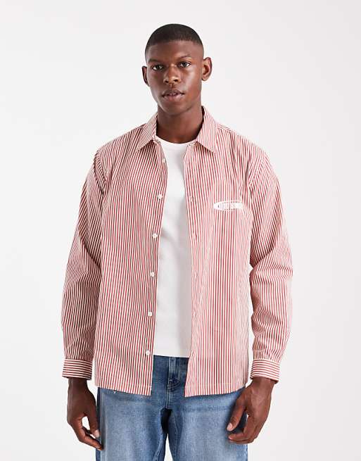 ASOS DESIGN regular fit stripe shirt with chest embroidery in red
