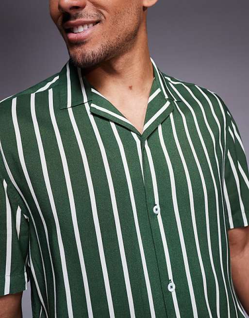 ASOS DESIGN Regular Revere Shirt In Green Stripe