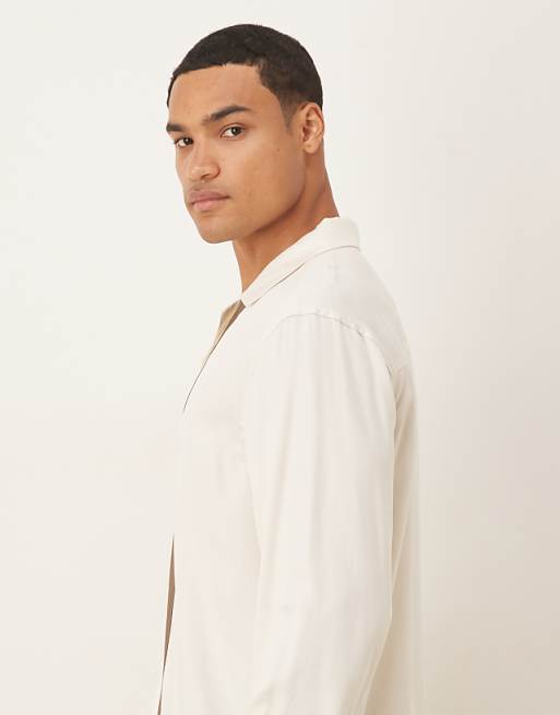 ASOS DESIGN Regular Revere Shirt With Border Detail In Cream