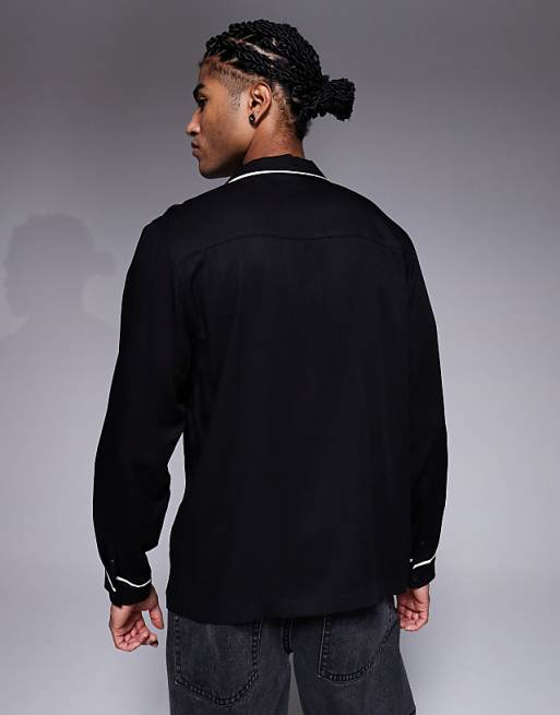 ASOS DESIGN Regular Revere Shirt With Piping Detail And Chest Embroidery In Black