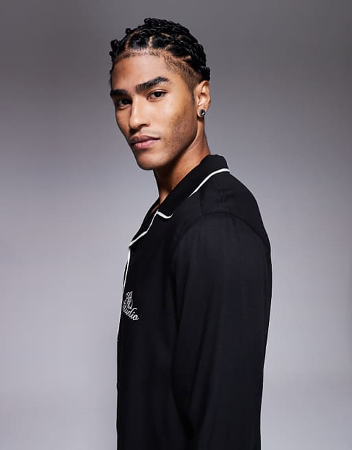 ASOS DESIGN Regular Revere Shirt With Piping Detail And Chest Embroidery In Black
