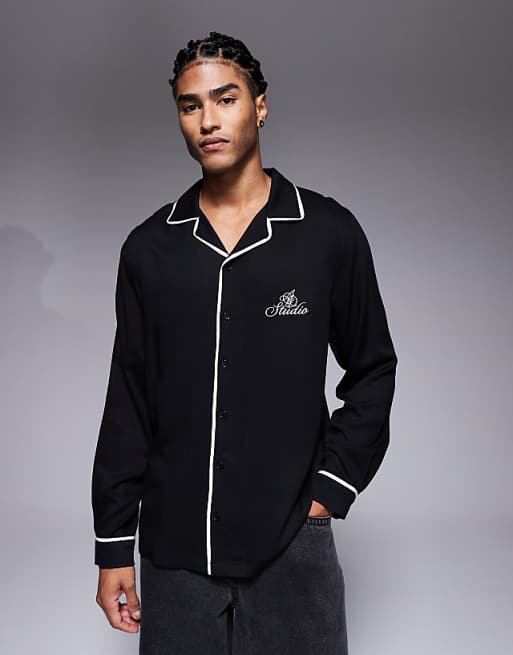 ASOS DESIGN regular revere shirt with piping detail and chest embroidery in black