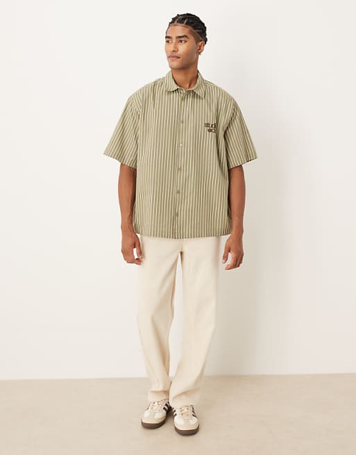 ASOS DESIGN Regular Shirt In Khaki Stripe With Chest Embroidery