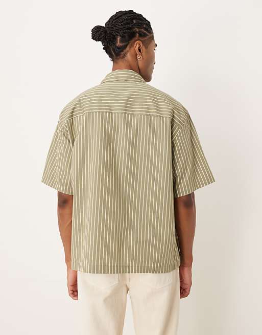 ASOS DESIGN Regular Shirt In Khaki Stripe With Chest Embroidery