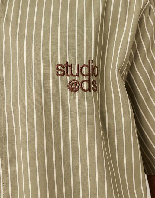 ASOS DESIGN Regular Shirt In Khaki Stripe With Chest Embroidery